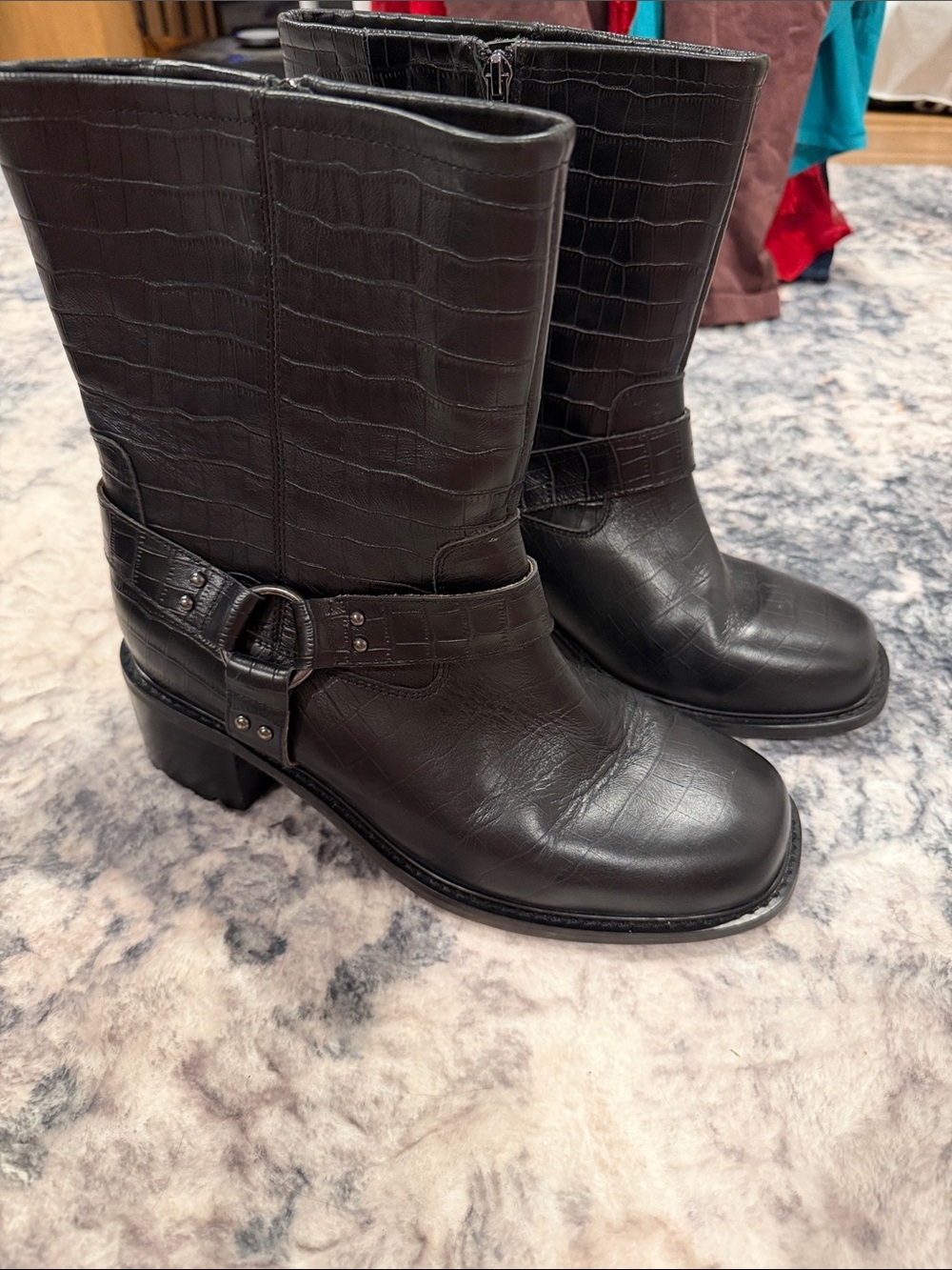 Black Croc-Textured Mid-Calf Harness Boots